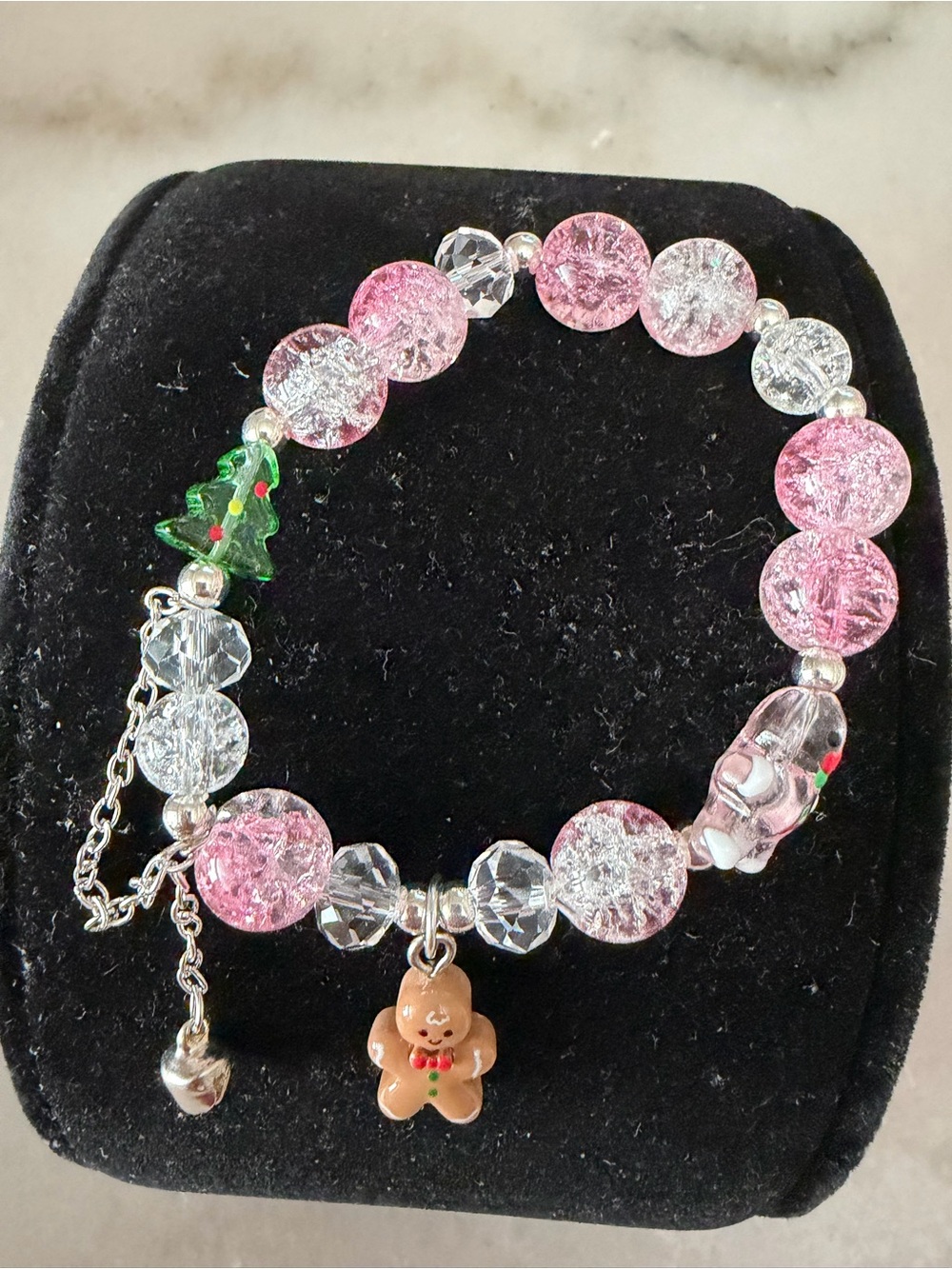 Pink and Clear Holiday Charm Beaded Bracelet with Gingerbread Pendant